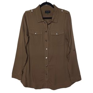 BE COOL Olive Green Brown Button Front Long Sleeve Top Medium